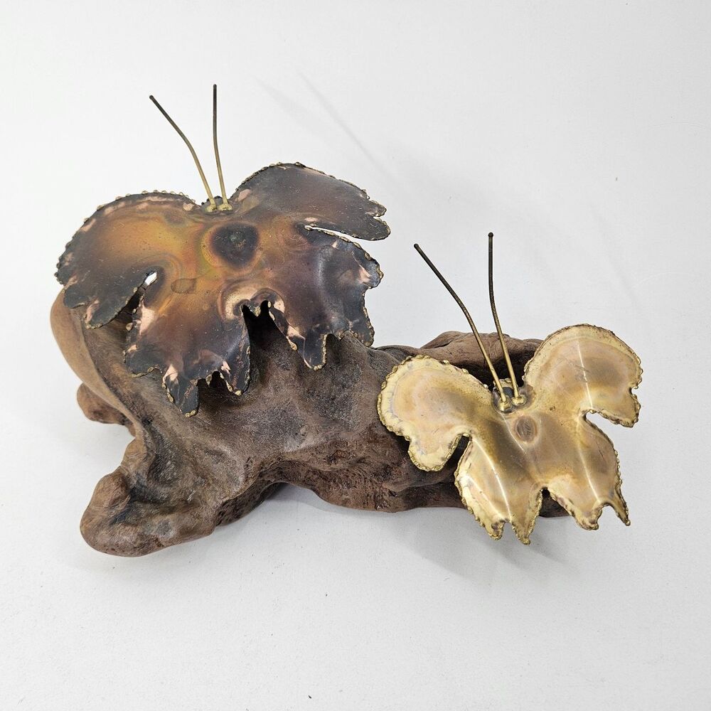 Vintage Mid-Century Modern Brutalist Brass Copper Leaf Wood Sculpture Art